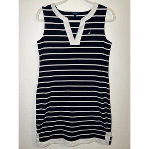 Nautica Women’s Large Sleeveless V-Neck Breton Stripe Cotton Polo Dress Casual